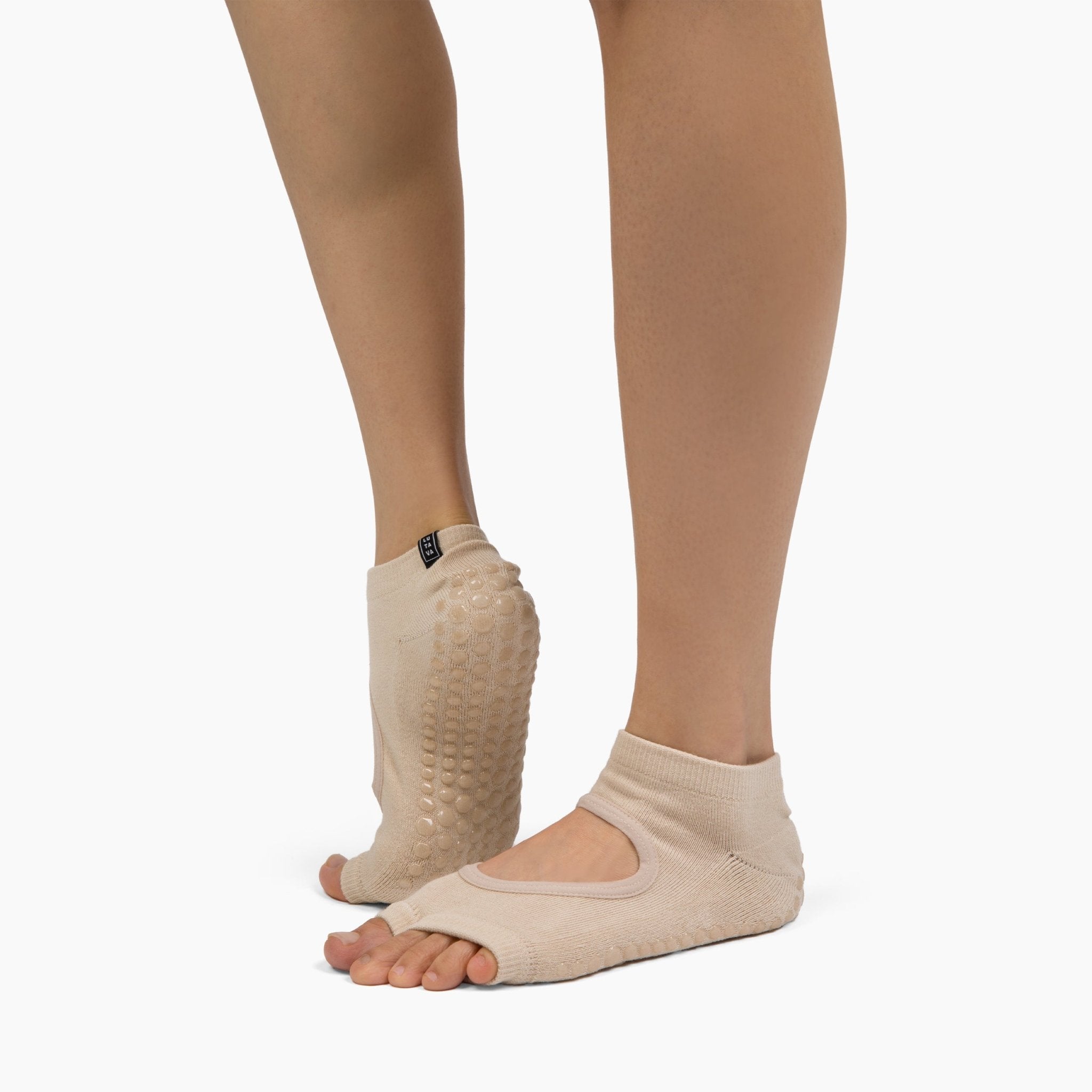 Antimicrobial Grip Sock - Tan Open Toe Ankle with Clear Grip - Lutava