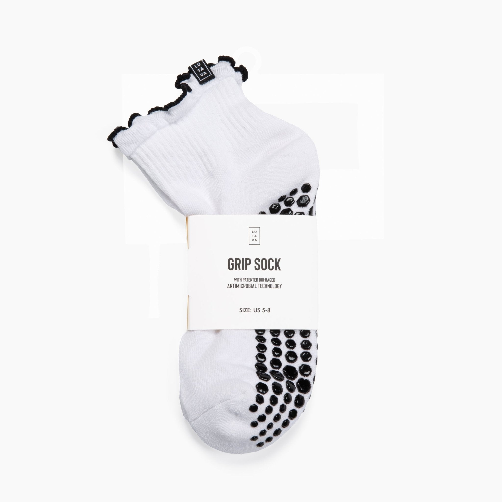 Antimicrobial Grip Sock - White Ruffle Black Grip - Lutava